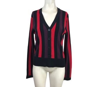 Cabi 3538 Vertical Stripe Ribbed V-Neck Cardigan Sweater Red Purple Black Wms M
